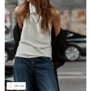 Zara White Backless satin high neck top